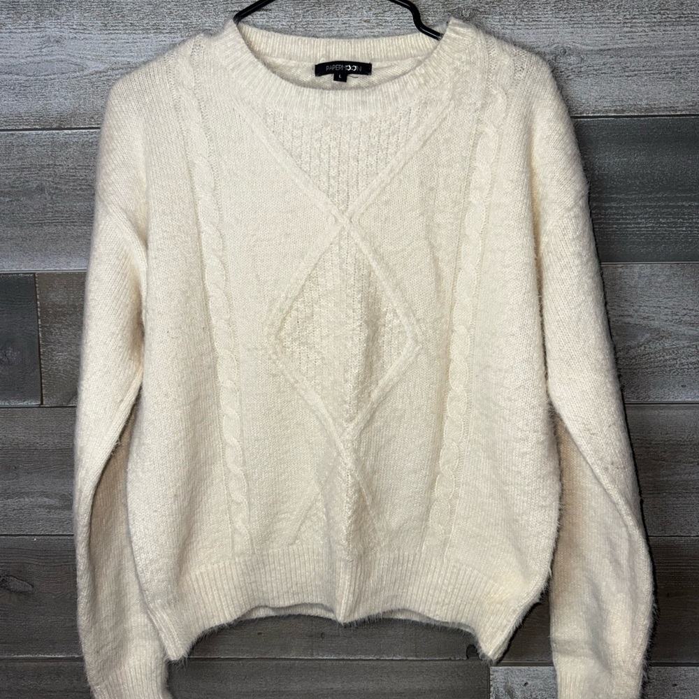 Papermoon Cream Fuzzy Diamond Cable Stitch Crewneck Sweater